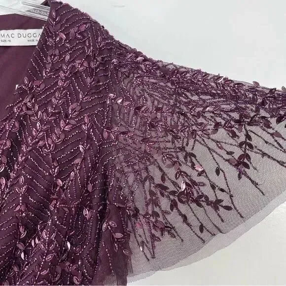 Mac Duggal Blush Flutter Sleeve Embellished‎ Sequin Gown 35109 $698 AUBERGINE